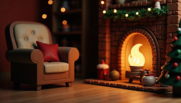 Cozy miniature living room with burning fireplace armchair and Christmas tree 3D render
