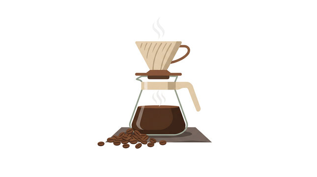 Pour over coffee maker with glass carafe and roasted coffee beans in a flat vector illustration style