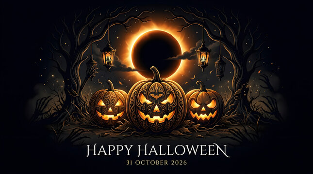 Dark gothic halloween background featuring glowing carved pumpkins under solar eclipse and twisted trees