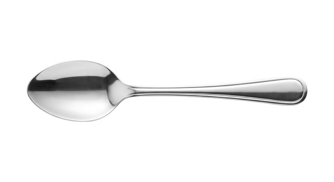 Minimalist polished stainless steel teaspoon isolated on a clean white background for culinary and kitchenware design