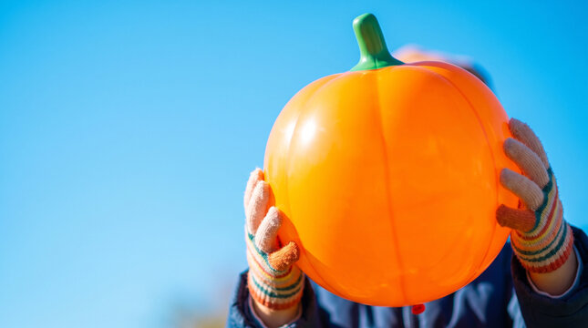 Child Holding a Bright Orange Pumpkin Against a Clear Blue Sky, Celebrating Autumn and Harvest Season with Joyful Enthusiasm