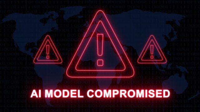 Critical ai model compromised alert warning sign with glowing red neon warning triangles and digital binary map background, representing cybersecurity data, breach and artificial, intelligence system