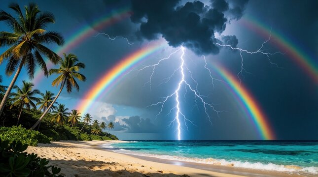 Tropical island beach scene with palm trees, a dramatic double rainbow arches over the ocean as lightning strikes. Stormy weather meets calm sea and sandy shore.