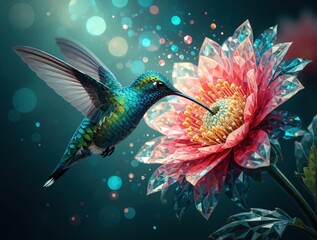 Fototapeta premium Small bird with bright colors drinks nectar from crystal flower. Tiny hummingbird hovers near detailed bloom, feeding on sweet liquid. Nature fantasy scene with bokeh lights.