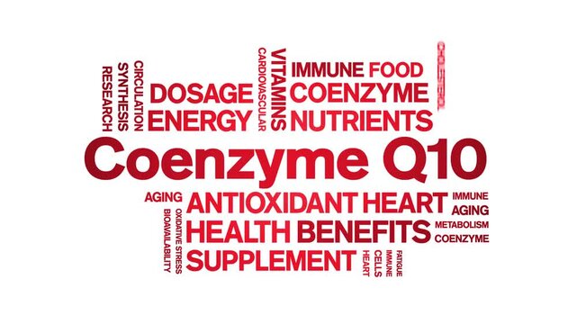 Coenzyme Q10 animated word cloud-CoQ10 text design animation tag kinetic typography seamless loop.