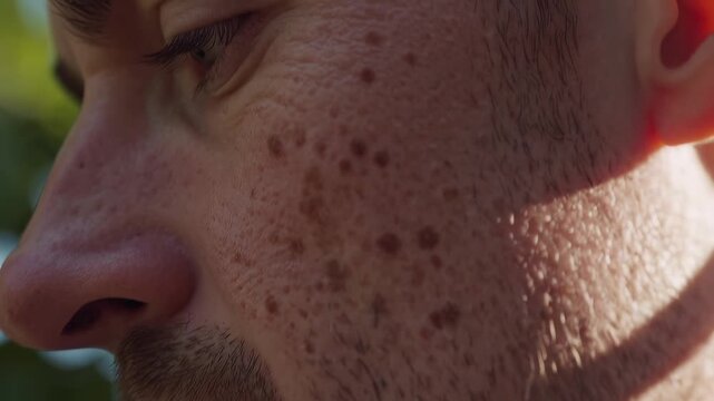 detailed profile shot of man exhibiting freckles and rugged beard against natural bokeh backdrop