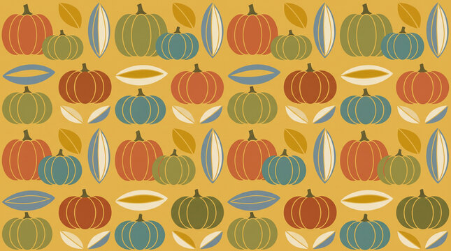 Colorful pumpkin and leaf pattern on a warm yellow background, celebrating autumn with a playful and whimsical design, perfect for seasonal decorations and crafts.