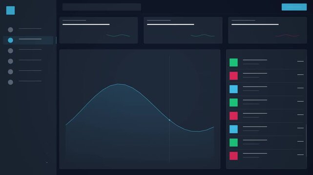 Modern dark theme data analytics dashboard user interface with professional business charts, futuristic monitoring software, and administrative layout