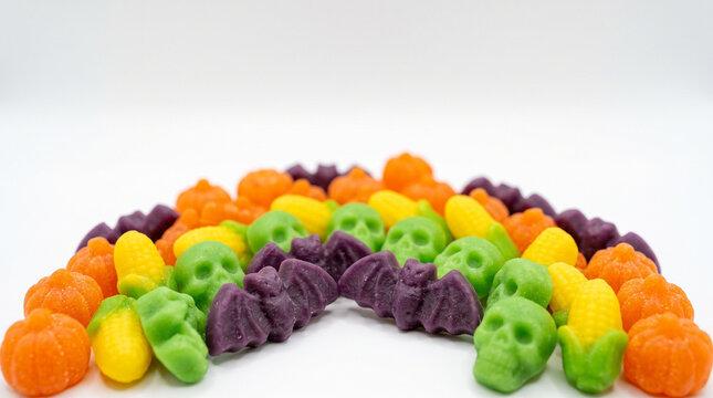Colorful Halloween-Themed Candy Arranged in a Rainbow Pattern Featuring Skulls, Bats, and Pumpkins for Festive Celebrations