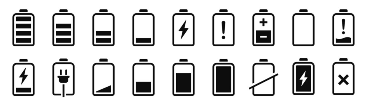 Battery icon set. Smartphone battery level indicator. Power, electricity, eanergy, charger, charge - stock vector.