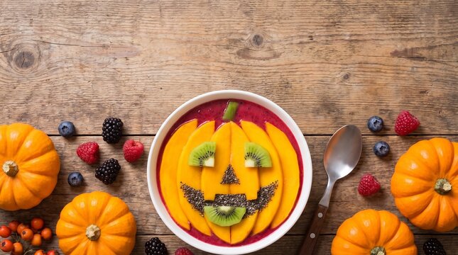 Colorful Halloween-themed fruit bowl with mini pumpkins and berries  