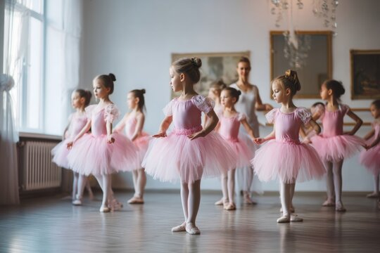 Young ballerinas in pink tutus practicing dance under light-filled studio with elegant decor and style. Artistic movement and creativity in dance education. Generative AI