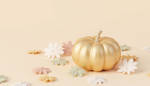 Minimalist Pastel Autumn Composition with Metallic Gold Pumpkin and Paper Craft Leaves on Beige Background