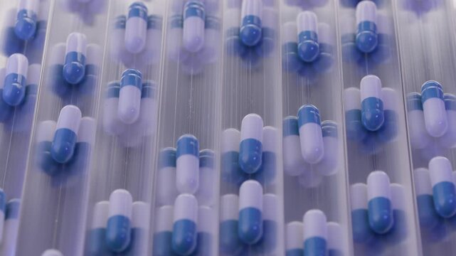 Diagonal motion closeup of blue and white capsules moving in steel conveyor at pharmaceutical factory, top view.