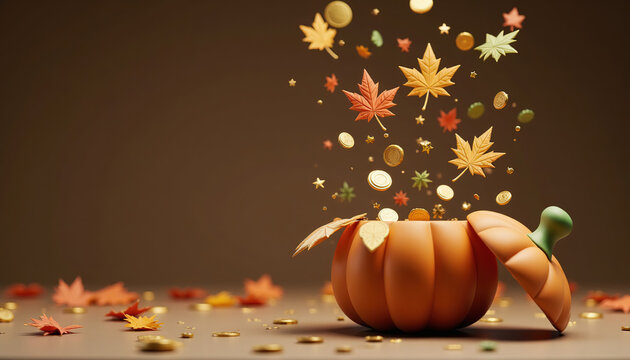 3D Render Autumn Pumpkin Concept Opening with Flying Maple Leaves Gold Coins and Stars on Warm Background