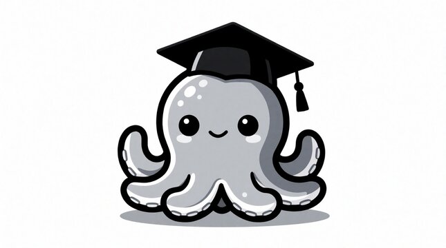 Cute cartoon octopus wears graduation cap. This happy character illustrates academic achievement and learning. Ideal for educational concepts and celebrating school success.