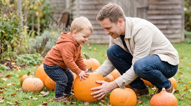 Smiling father crouches beside toddler in a hoodie as they touch and lift a large pumpkin on grass, surrounded by several pumpkins and fallen leaves. Halloween, Thanksgiving concept.