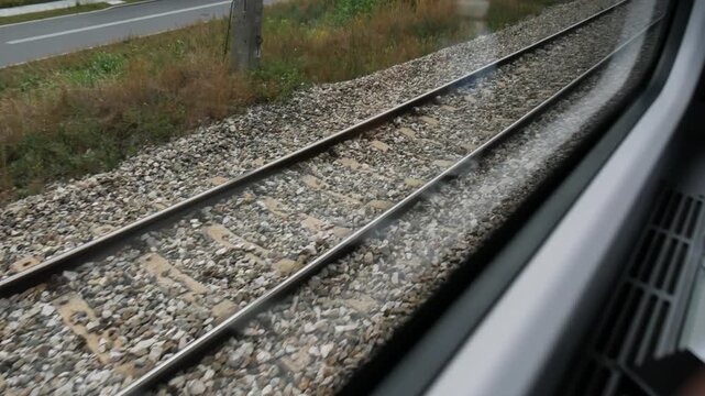 Close-up view of gravel ballast and parallel steel rails looking down from a moving train window. Fast motion blur effect on the trackside stones and green grass during a railway journey.