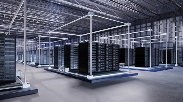 3d rendering data center interior or server room inside full with racks 4k footage