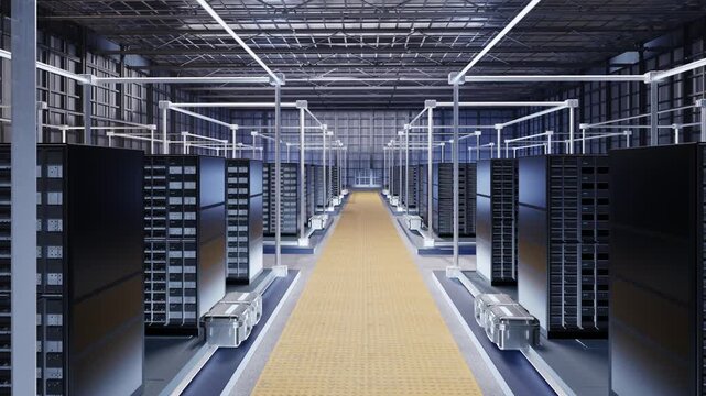 3d rendering data center interior or server room inside full with racks 4k footage