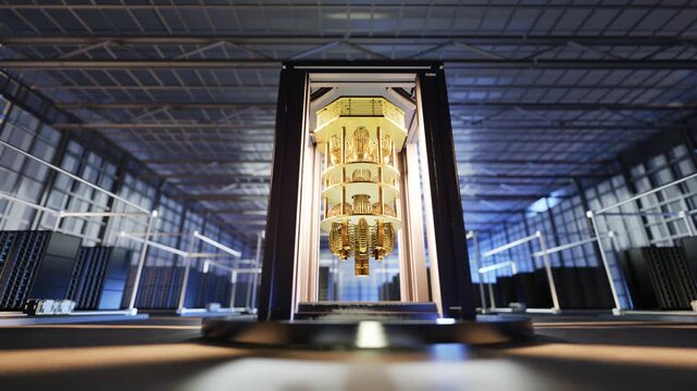3d rendering quantum server network with quantum computer machine in server room 4k footage