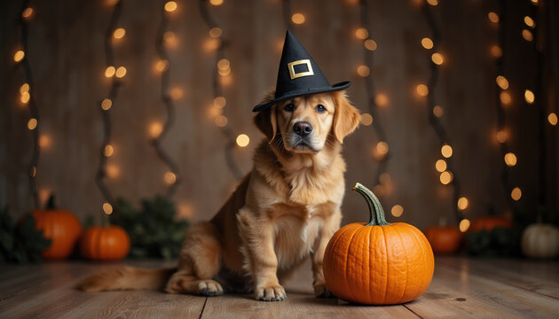 Golden Retriever Puppy Wearing Witch Pilgrim Hat Sitting Beside Pumpkin with Fairy Lights Background