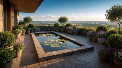 Obraz premium Rooftop patio garden with ornamental pond full of water lilies. Potted plants and trees surround pond. Expansive valley view seen from terrace. Sunny day with blue sky.
