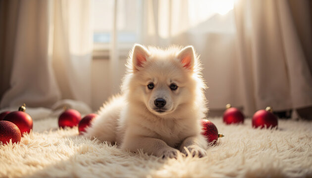 Fluffy White Puppy Lying on Cozy Carpet Surrounded by Red Christmas Ornaments with Warm Sunlight
