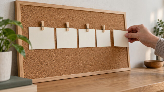木枠のコルクボードに並べた白いメモ用紙を留める人の手元