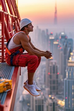 Construction worker sitting on crane arm overlooking megacity at sunset
