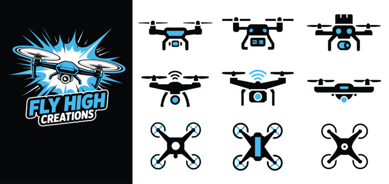 Drone mascot editable logo illustration vector and aerial quadcopter icon set, creative aviation technology vector illustration for delivery services, photography, robotics and branding. 