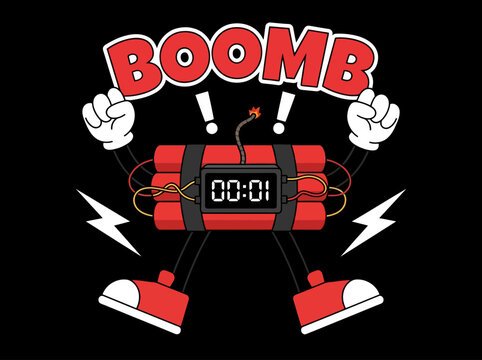 Cartoon Dynamite Bomb Character with Ticking Timer and BOOMB Text Illustration