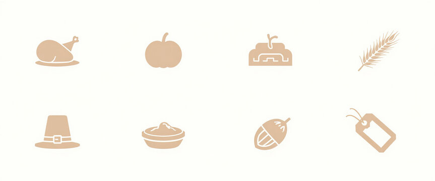 Minimalist Thanksgiving and Autumn Line Icon Set Including Turkey Pumpkin Pie Wheat Pilgrim Hat Acorn Tag