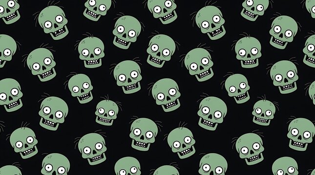 Spooky cartoon zombie skull pattern repeating on dark black background for halloween holiday graphic design projects