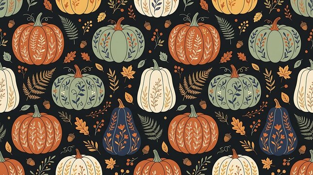 Decorative pumpkins with floral patterns and autumn leaves arranged in a seamless repeat pattern design style