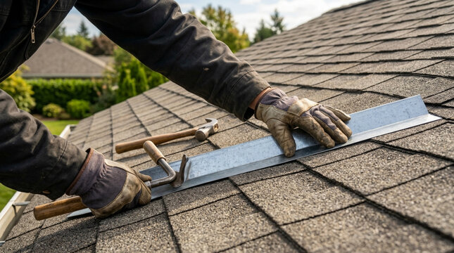 Roofer installs metal flashing on asphalt shingle rooftop