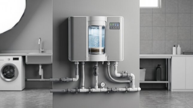 Modern water filtration system, domestic reverse osmosis purifier on wall, home plumbing and water treatment technology