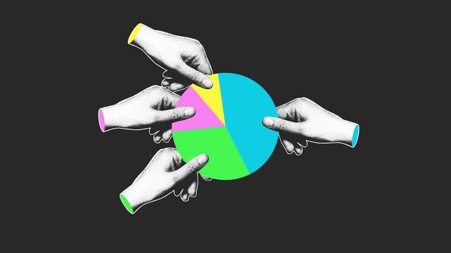 Four halftone hands connecting colorful pie chart segments on dark background. Retro pop art style, seamless loop for data, analytics, and collective contribution content.