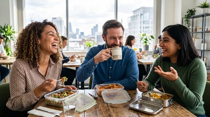 Obraz premium Three Colleagues Eating Lunch Office Break Room Relaxed Smiles Food Containers Laughing Fork Mug Gesturing Window City View Macro Workplace Friendship