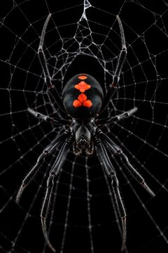 Black widow spider with red hourglass mark on abdomen waits in detailed web. Dangerous arachnid sits on silk threads, black background. Macro view of predator.