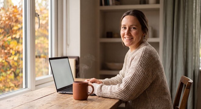 Smiling Woman Working On Laptop By Autumn Window