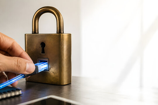 Hand plugging blue ethernet cable into brass padlock keyhole representing network security, data protection, and hardware cyber safety