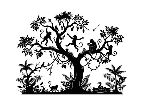 vector tree silhouette monkey