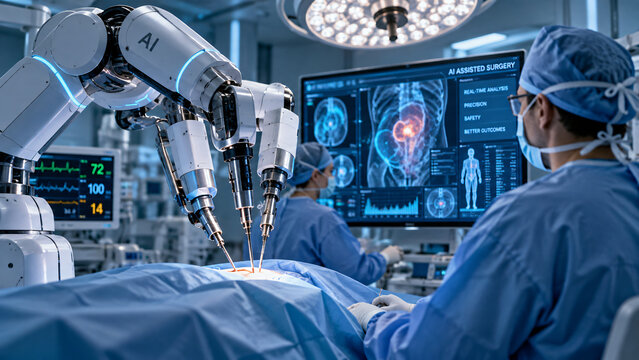 Advanced robotic surgical system assisting medical professionals during a minimally invasive procedure, with artificial intelligence analyzing medical imaging
