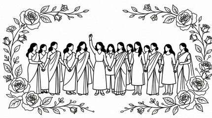 Fototapeta premium Diverse women stand united holding hands, empowered by floral art. Celebration of sisterhood and female strength in line graphics. Unity theme for empowerment and equality.