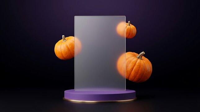 Frosted glass rectangle display platform surrounded by floating orange pumpkins against a deep dark purple background