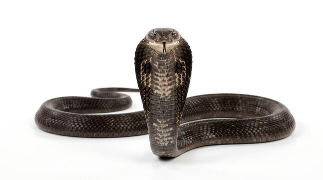 King cobra facing the camera with its hood fully expanded and tongue extended, displaying detailed scales and an intimidating posture, isolated on a clean white background.