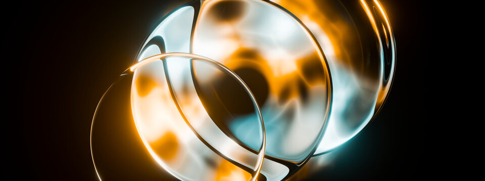 3D Abstract Glass Orbs with Amber and Cyan Reflections on Dark Background