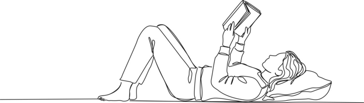 continuous line drawing of a young woman lying down with a pillow and reading a book, minimalist line art vector illustration