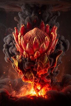 Surreal glowing protea flower morphing into dynamic fire and dark smoke
